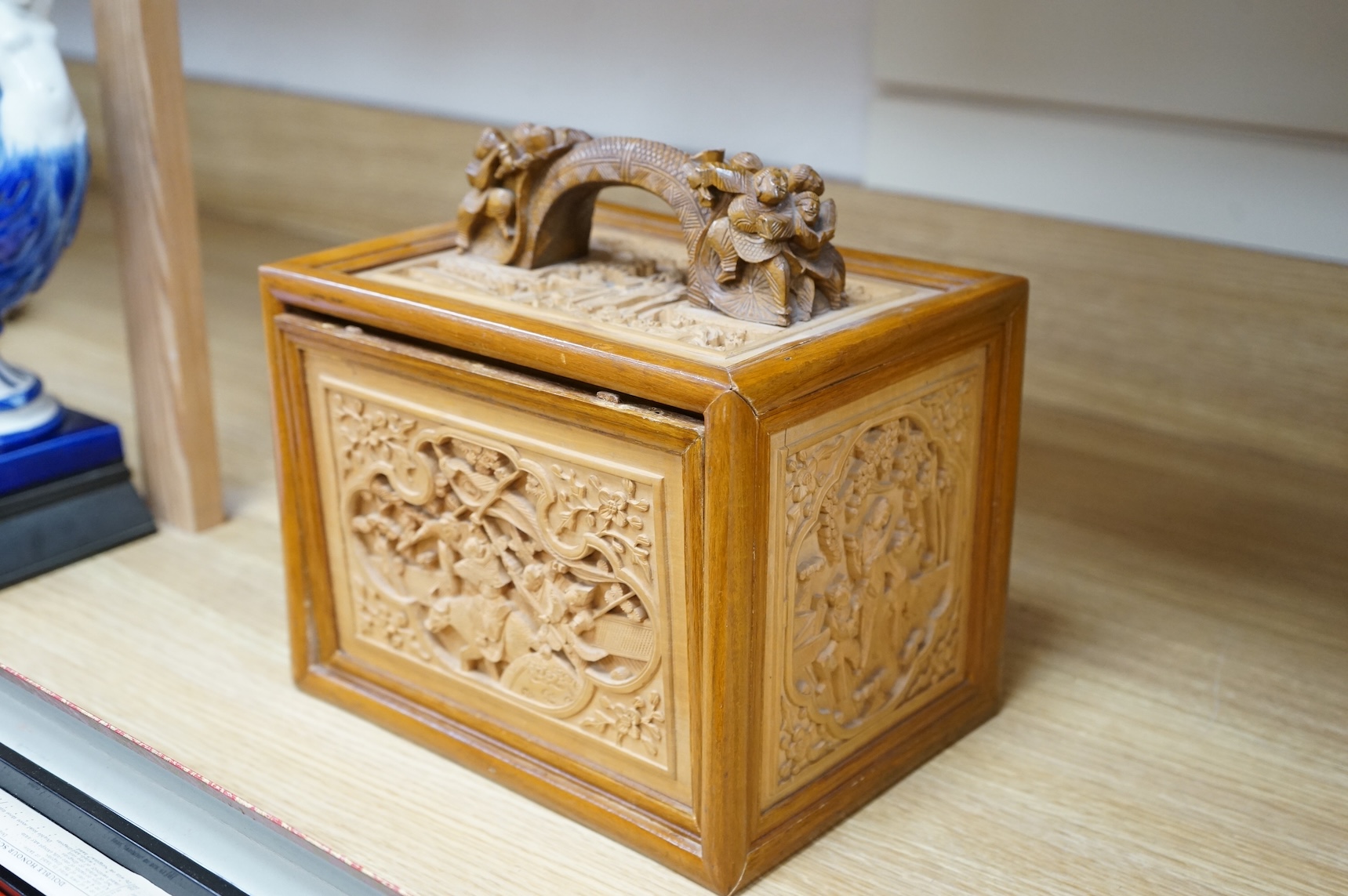 A Chinese carved boxed mahjong set and stands, box 24 cm high including handle